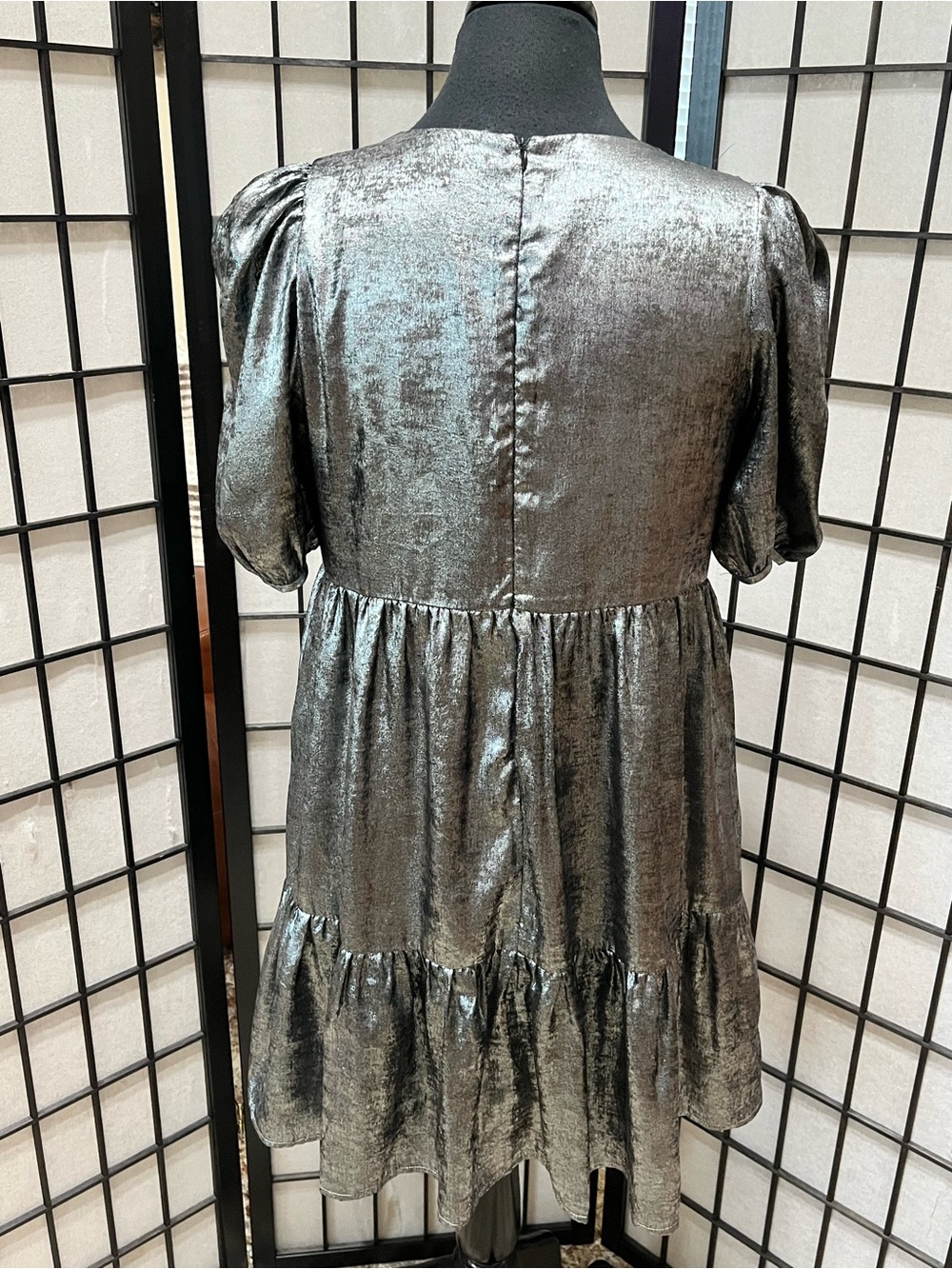 TCEC Metallic Silver Puff-Sleeve Tiered Dress women SIZE M - Picture 6 of 13